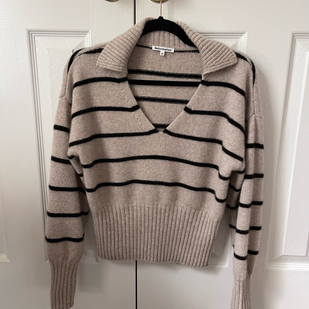 Reformation Beckie Beige and Black Striped V-Neck Collared Sweater